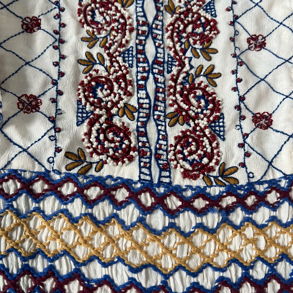 Free People White Holland Park Embroidered Boho Beaded Women's Blouse Sz Small - Picture 7 of 8